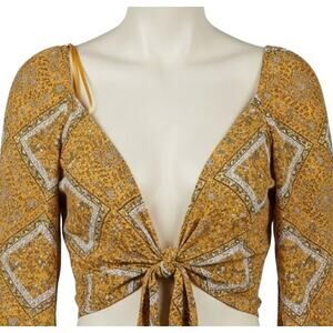 Pimkie Blouse M Yellow Boho Chic Tie Front Floral Peasant Top Festival Hippie